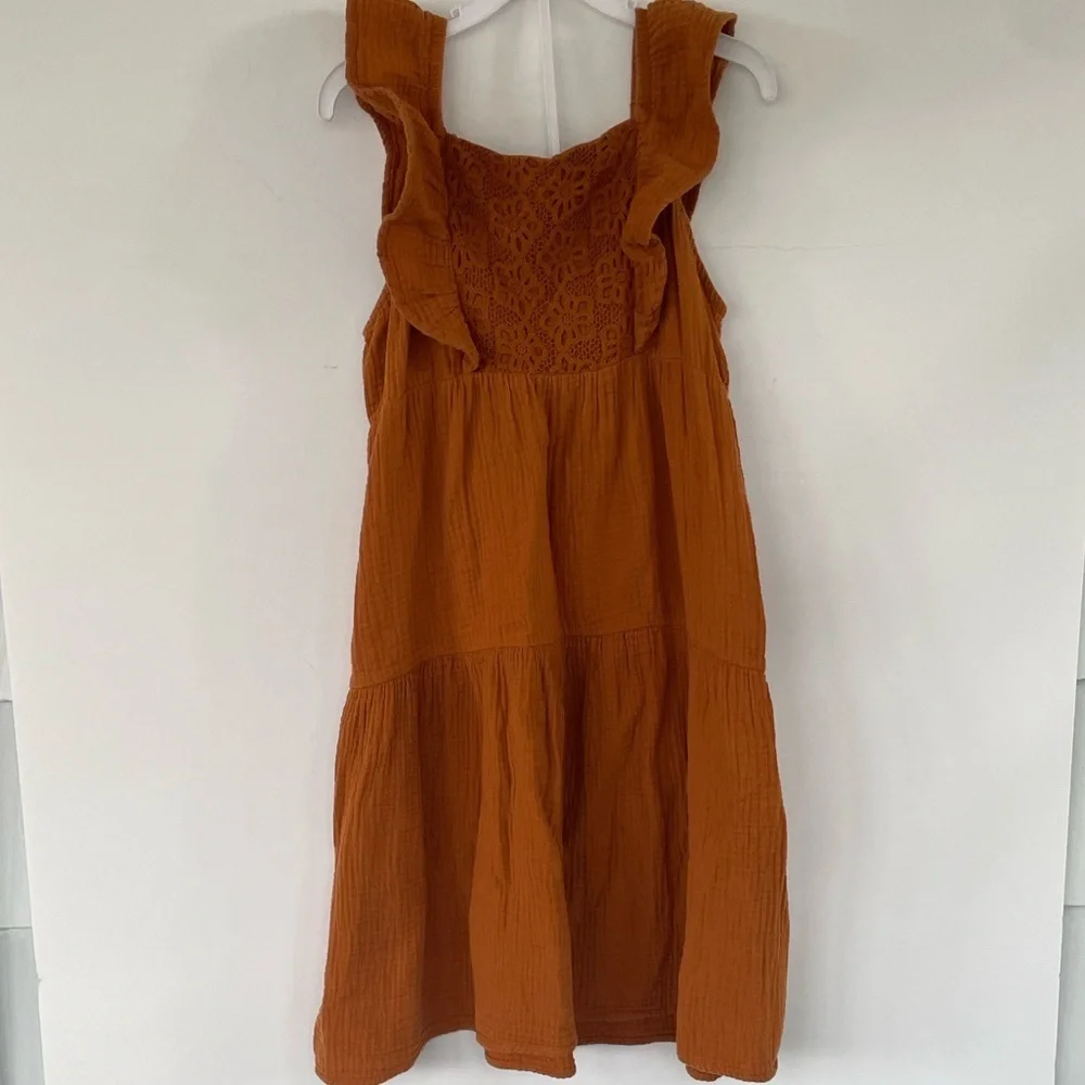 Wonder Nation Girls Terracotta Cotton Dress Ruffles and Crochet Details XL 14/16